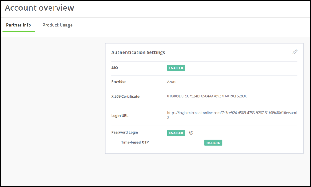 Screenshot of the authentication settings in the account overview window