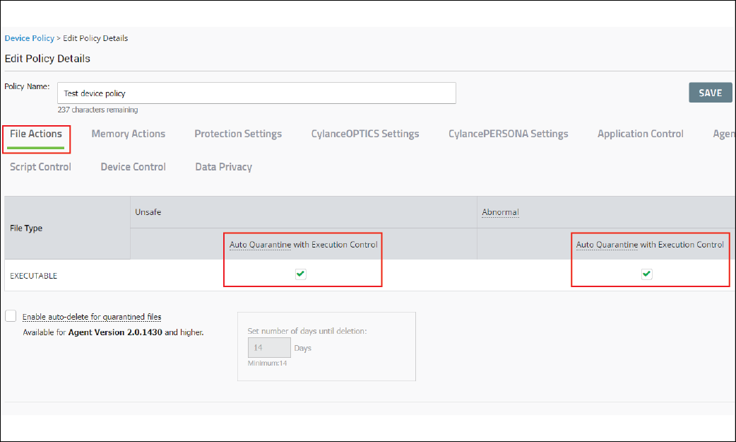 Screenshot of File Actions tab