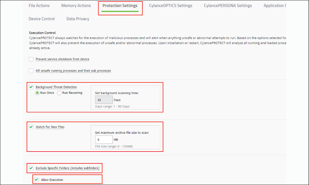 Screenshot of Protection Settings tab in the policy