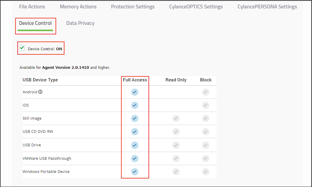 Screenshot of Device Control tab in the policy