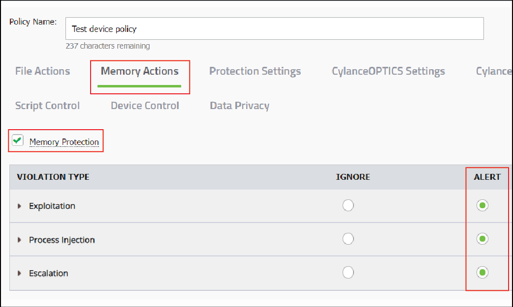 Screenshot of Memory Actions tab in the policy