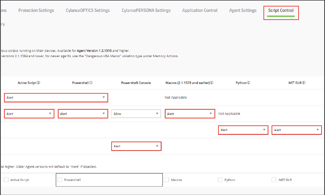 Screenshot of Script Control tab in the policy
