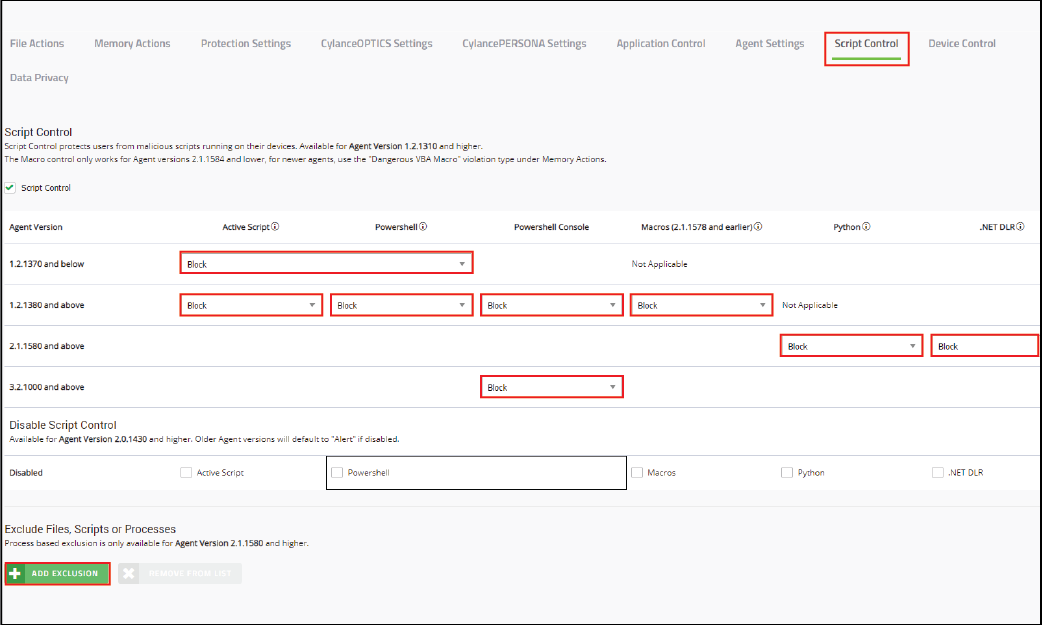 Screenshot of Script Control tab in the policy