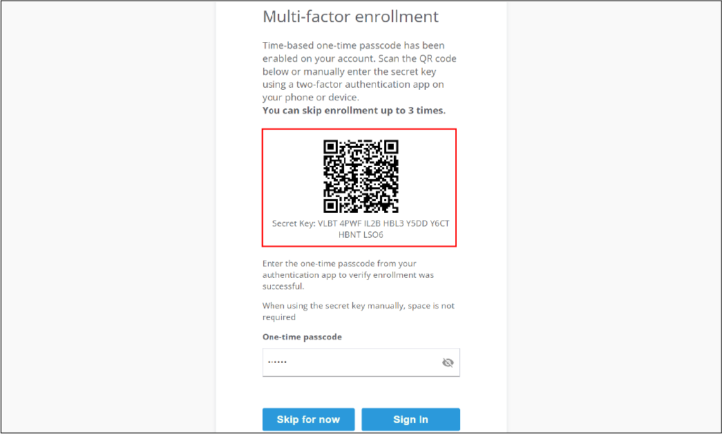 Screenshot of multi-factor enrollment screen for Cylance Multi-Tenant Console