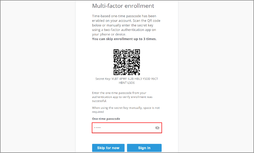 Screenshot of multi-factor enrollment screen for Cylance Multi-Tenant Console