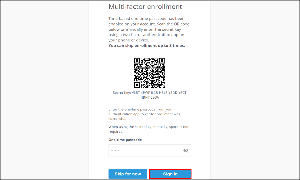 Screenshot of multi-factor enrollment screen for Cylance Multi-Tenant Console
