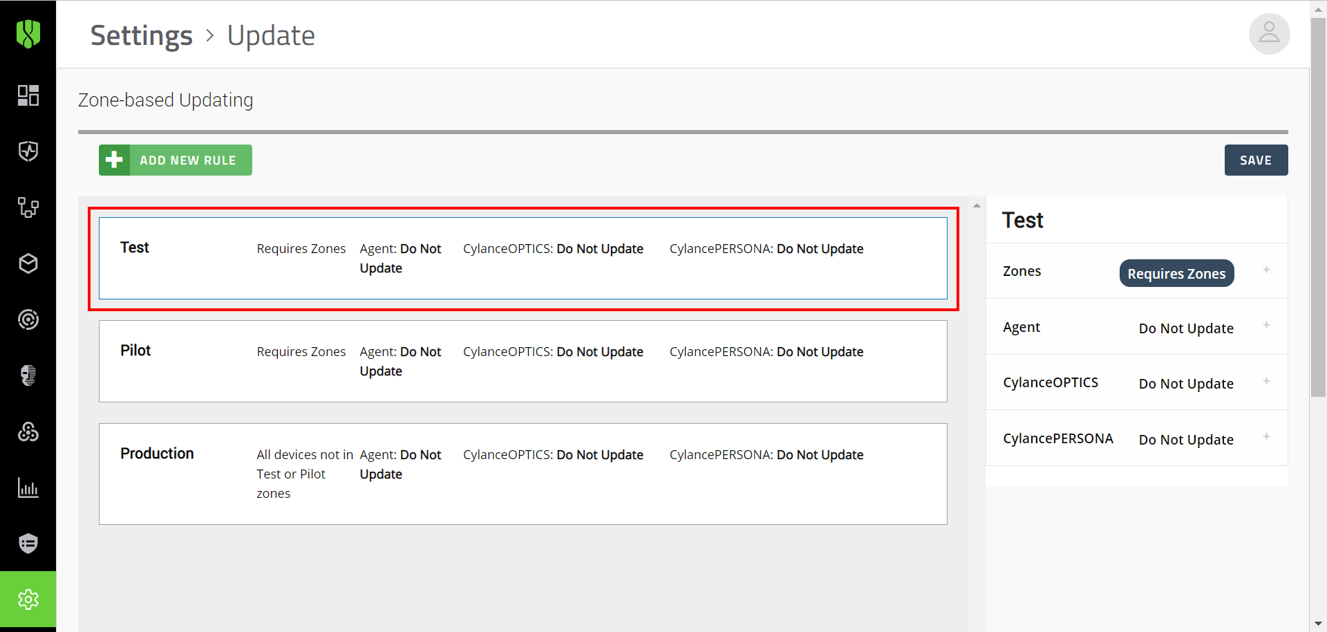 Update page with Test update rule