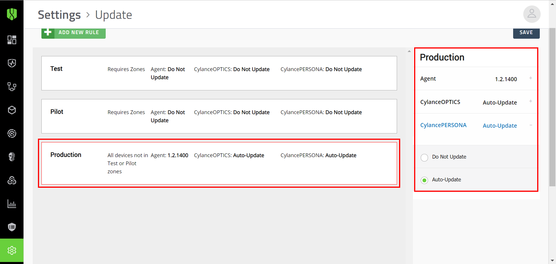 Update page with Production update rule