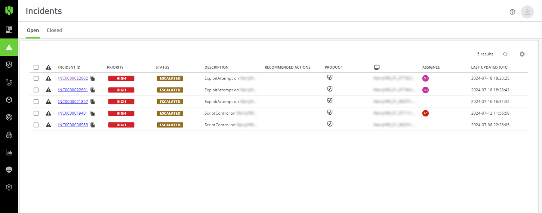 A screenshot of the Incidents screen in the Cylance console.